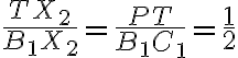 \dfrac{TX_2}{B_1X_2}=\dfrac{PT}{B_1C_1} = \dfrac{1}{2}