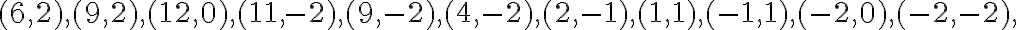 (6,2), (9,2), (12,0), (11,-2), (9,-2), (4,-2), (2,-1), (1,1), (-1,1), (-2,0), (-2,-2), (6,2), (9,2), (12,0), (11,-2), (9,-2), (4,-2), (2,-1), (1,1), (-1,1), (-2,0), (-2,-2),