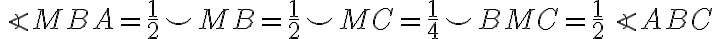 \angle{MBA}=\frac{1}{2}\smile{MB}=\frac{1}{2}\smile{MC}=\frac{1}{4}\smile{BMC}=\frac{1}{2}\angle{ABC}