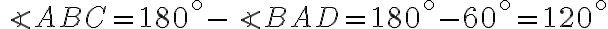 \angle{ABC}=180^\circ-\angle{BAD}=180^\circ-60^\circ=120^\circ