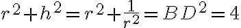 r^2 + h^2 = r^2+\frac{1}{r^2}=BD^2 = 4 r^2 + h^2 = r^2+\frac{1}{r^2}=BD^2 = 4