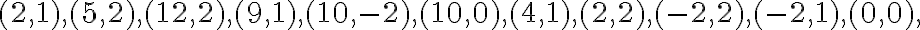 (2,1), (5,2), (12,2), (9,1), (10,-2), (10,0), (4,1), (2,2), (-2,2), (-2,1), (0,0), (2,1), (5,2), (12,2), (9,1), (10,-2), (10,0), (4,1), (2,2), (-2,2), (-2,1), (0,0),